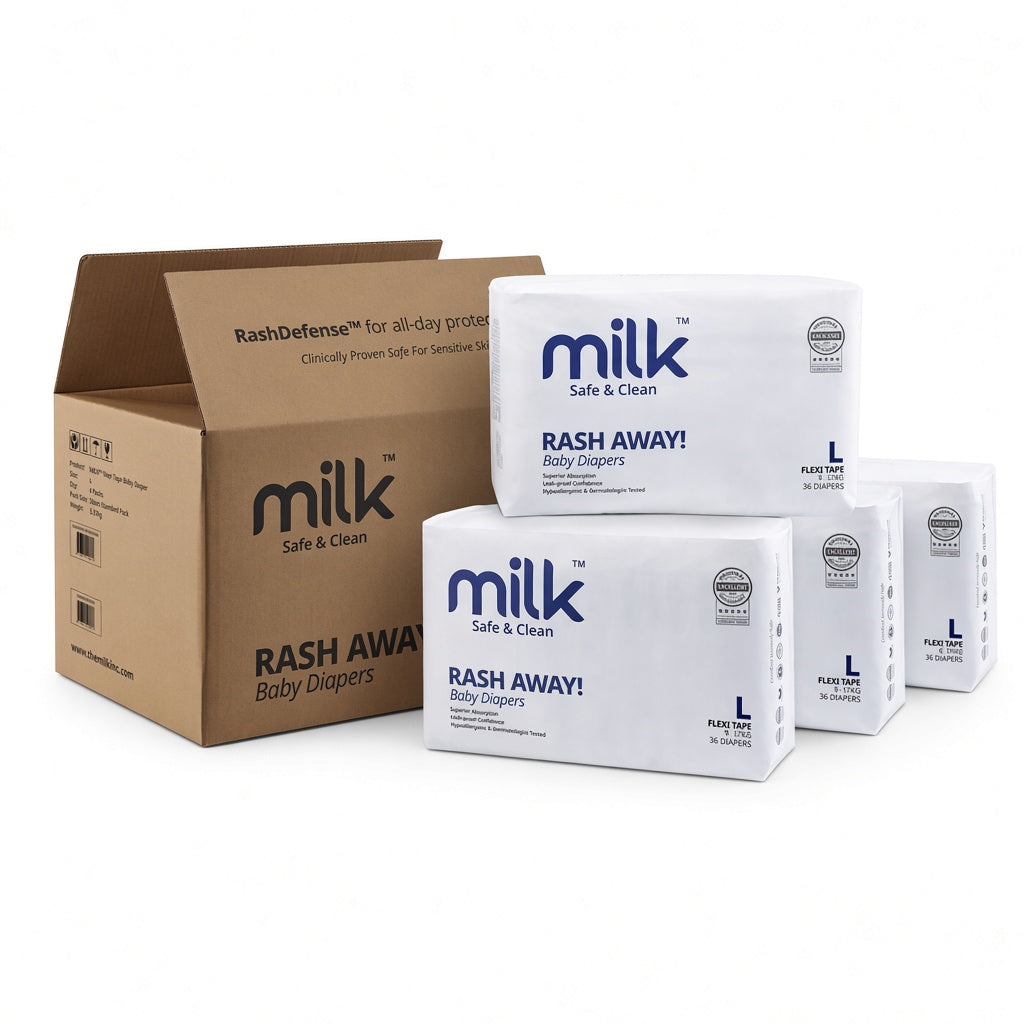 MILK™ Baby Diapers Flexi Tape Size L 4 × 36 Pack | 144 Diapers | 9–17 kg