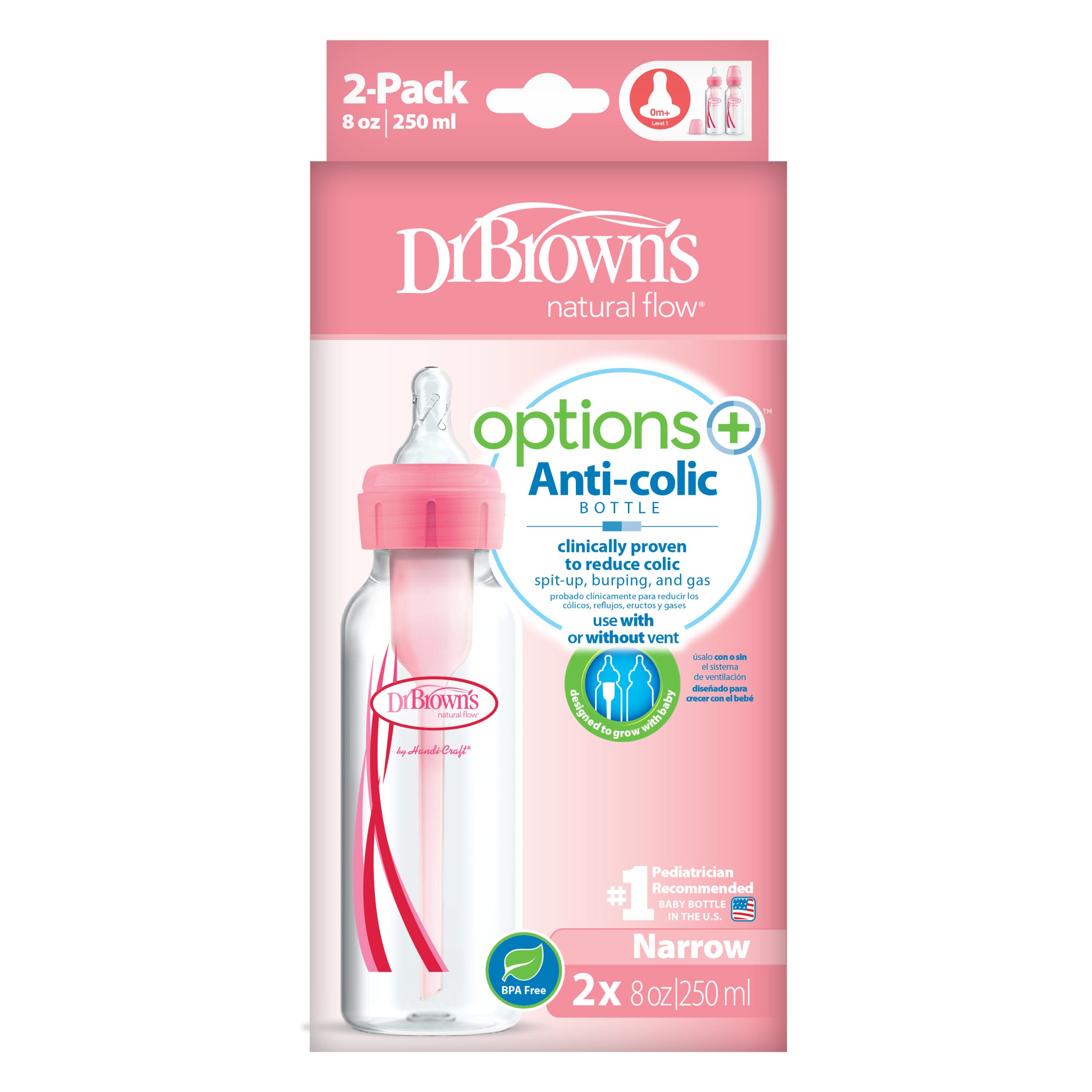 Dr Browns 250ml Options+ narrow bottle (Twin Pack)- Pink